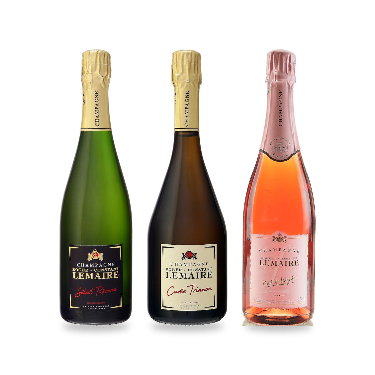 Geschenkset Champagner-Trio „Classique": Sélect Réserve, Cuvée Trianon und Rosé de Saignée von Roger-Constant Lemaire